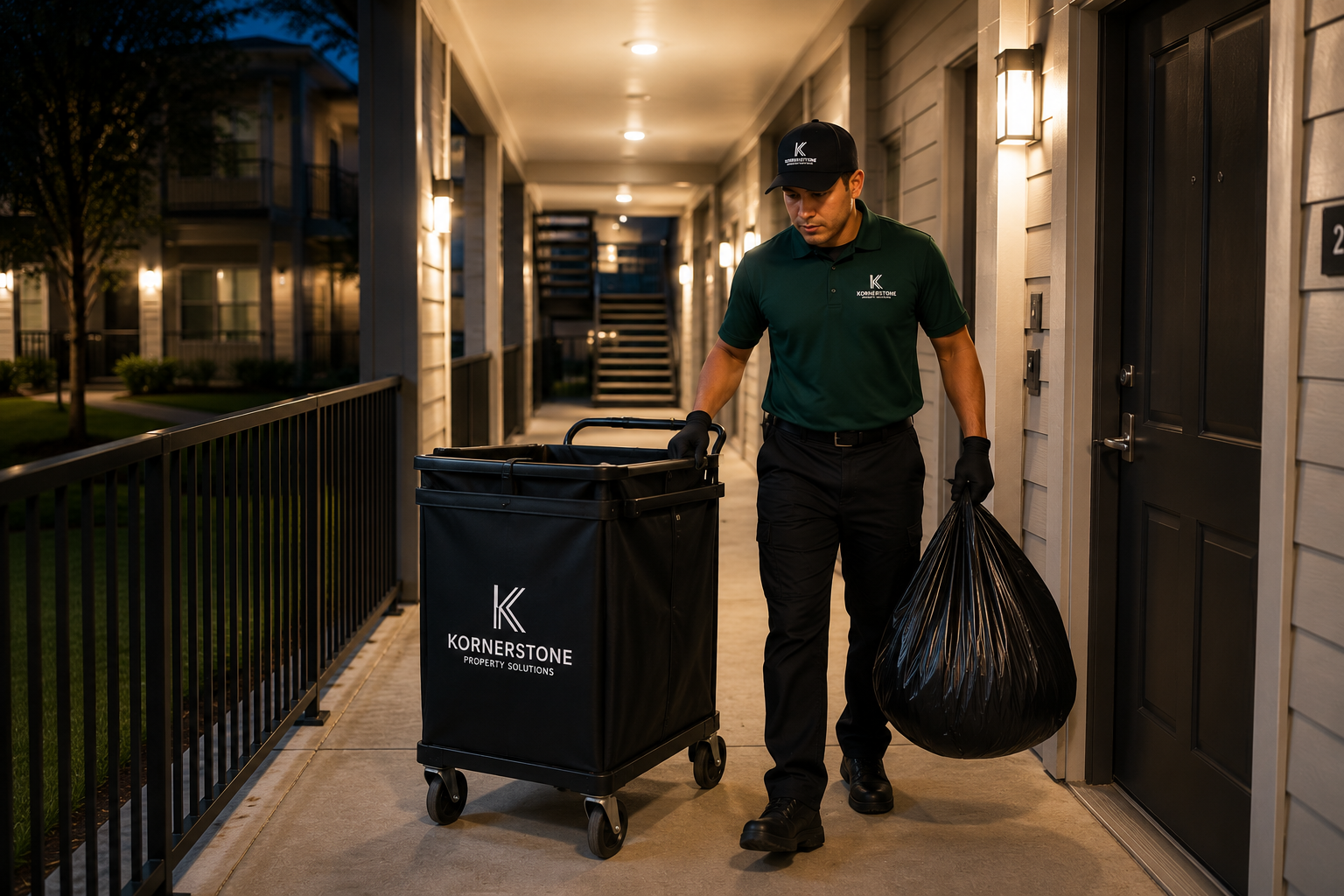 Kornerstone team member collecting trash at an apartment community