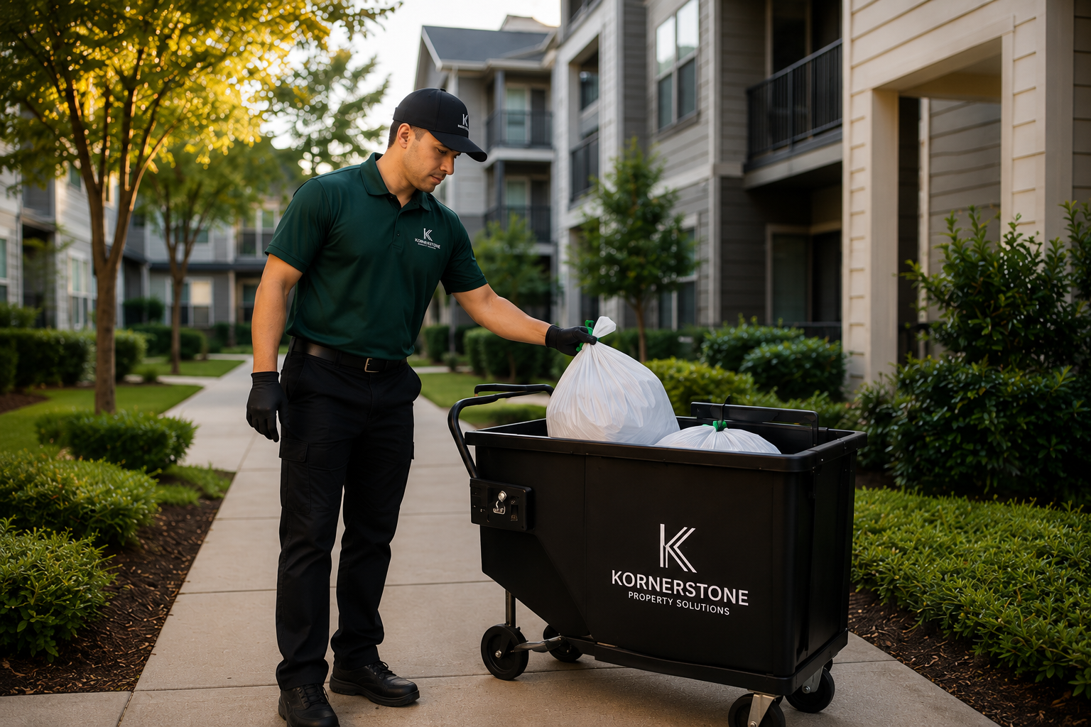 Kornerstone worker using a branded rolling cart at a multifamily property